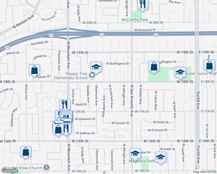 map of restaurants, bars, coffee shops, grocery stores, and more near 947 W Clark St in Upland