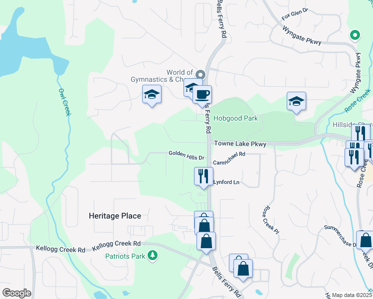 map of restaurants, bars, coffee shops, grocery stores, and more near 108 Golden Hills Dr in Woodstock