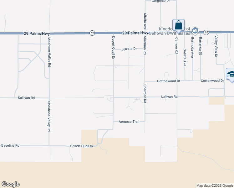 map of restaurants, bars, coffee shops, grocery stores, and more near 70138 Sullivan Road in Twentynine Palms