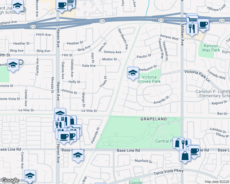 map of restaurants, bars, coffee shops, grocery stores, and more near 6933 Stanislaus Place in Rancho Cucamonga