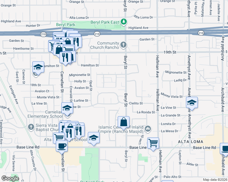 map of restaurants, bars, coffee shops, grocery stores, and more near 9020 La Verne Drive in Rancho Cucamonga