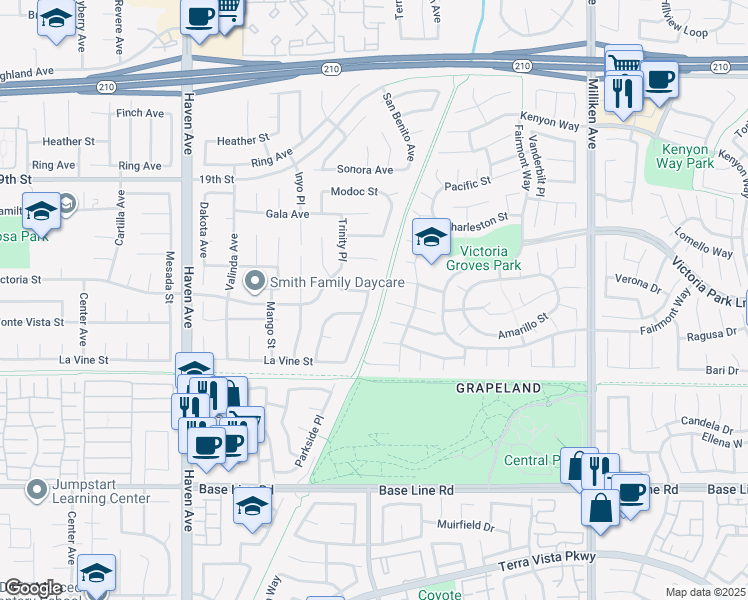 map of restaurants, bars, coffee shops, grocery stores, and more near 6952 Stanislaus Place in Rancho Cucamonga