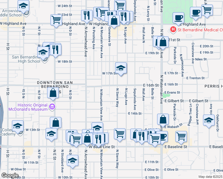 map of restaurants, bars, coffee shops, grocery stores, and more near 1573 Genevieve Street in San Bernardino