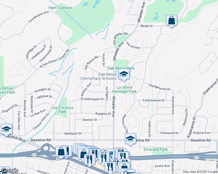 map of restaurants, bars, coffee shops, grocery stores, and more near 5017 Wheeler Avenue in La Verne