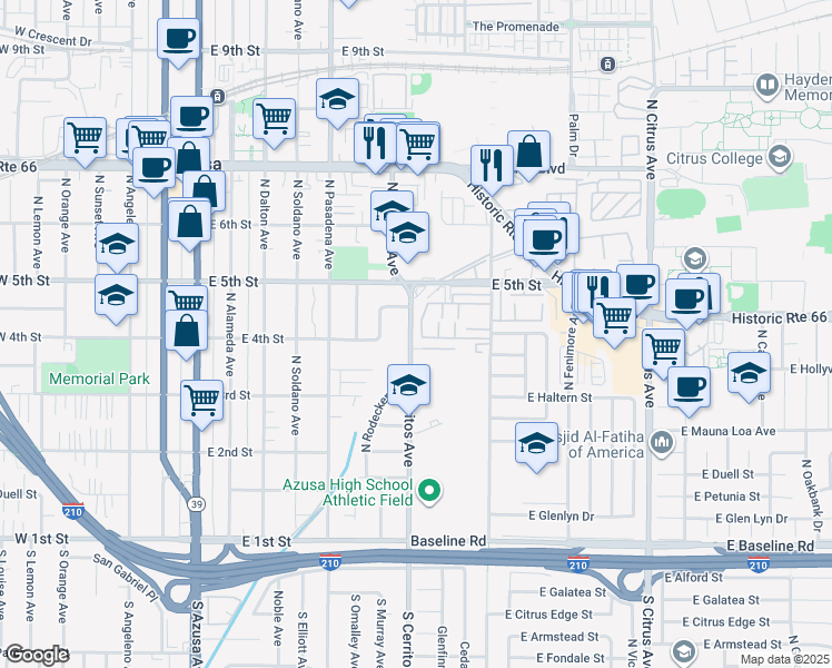 map of restaurants, bars, coffee shops, grocery stores, and more near 404 North Cerritos Avenue in Azusa