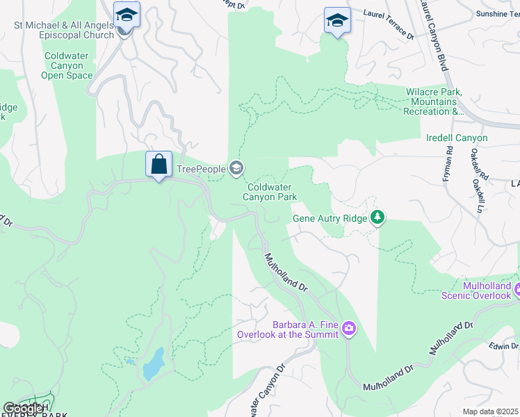 map of restaurants, bars, coffee shops, grocery stores, and more near 12417 Mulholland Drive in Beverly Hills
