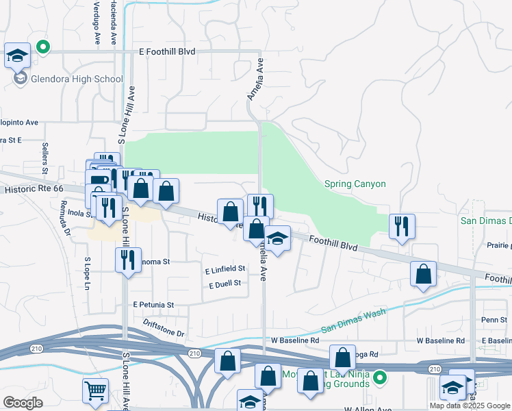 map of restaurants, bars, coffee shops, grocery stores, and more near 2281 Shady Oaks Road in Glendora