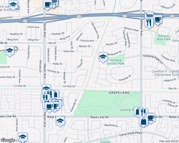 map of restaurants, bars, coffee shops, grocery stores, and more near 6933 Stanislaus Place in Rancho Cucamonga