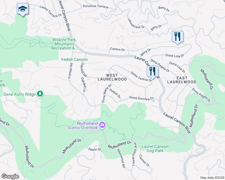 map of restaurants, bars, coffee shops, grocery stores, and more near 11546 Duque Drive in Los Angeles