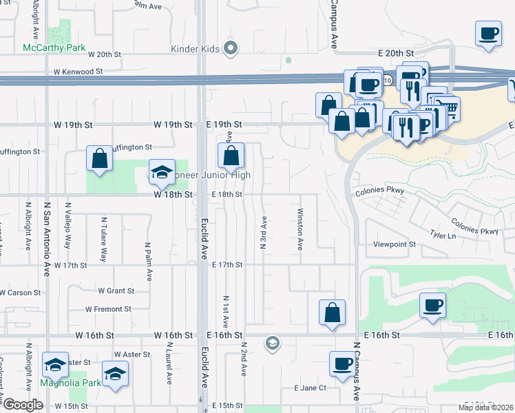 map of restaurants, bars, coffee shops, grocery stores, and more near 1785 North 3rd Avenue in Upland