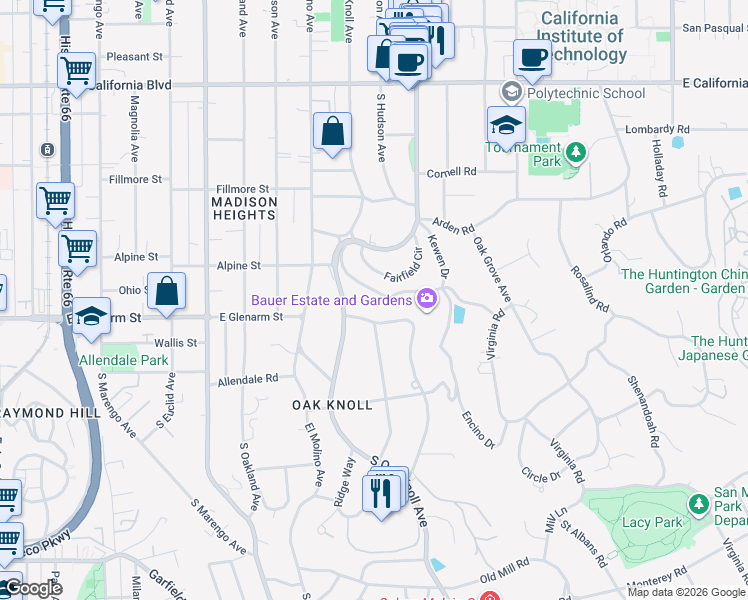 map of restaurants, bars, coffee shops, grocery stores, and more near 800 Canon Drive in Pasadena