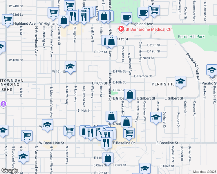 map of restaurants, bars, coffee shops, grocery stores, and more near 1546 North Waterman Avenue in San Bernardino