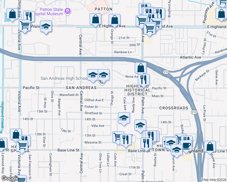 map of restaurants, bars, coffee shops, grocery stores, and more near 27100 Mansfield Street in Highland