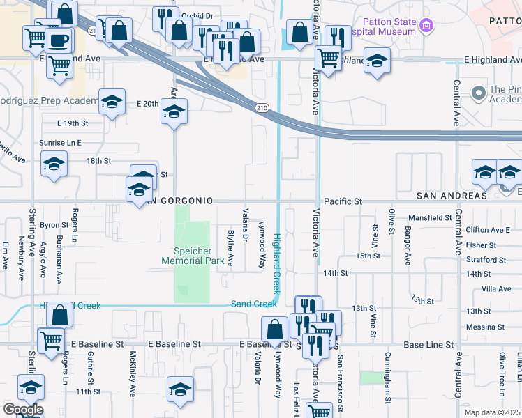 map of restaurants, bars, coffee shops, grocery stores, and more near 2644 Byron Street in Highland
