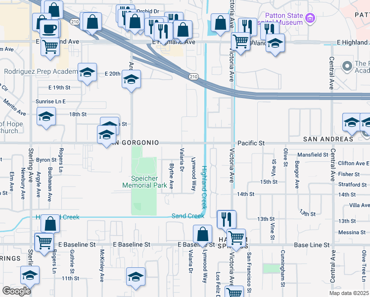 map of restaurants, bars, coffee shops, grocery stores, and more near 3162 Valaria Drive in Highland