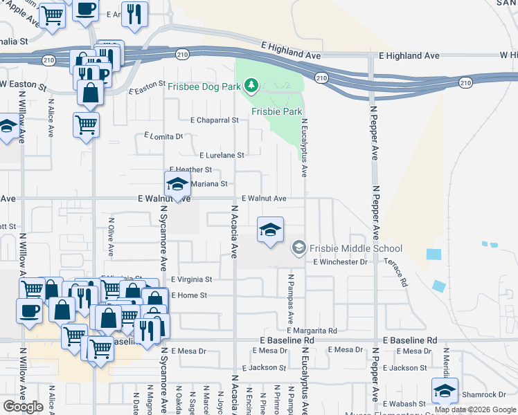map of restaurants, bars, coffee shops, grocery stores, and more near 1560 North Pine Avenue in Rialto