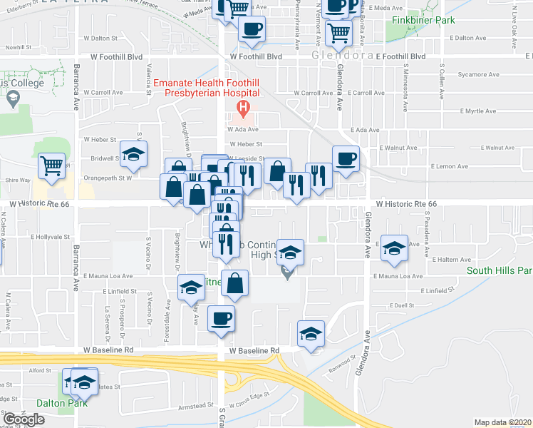 map of restaurants, bars, coffee shops, grocery stores, and more near 422 West Route 66 in Glendora