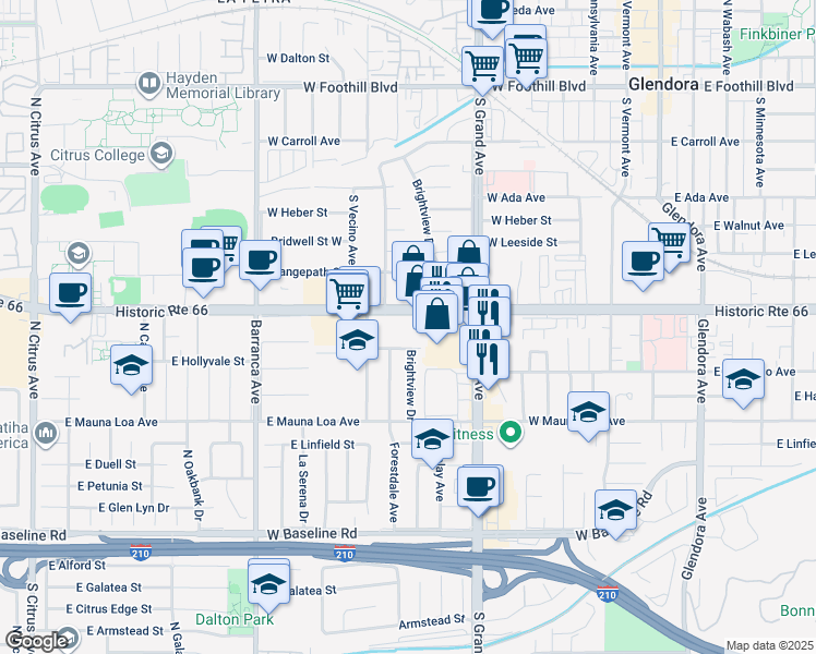 map of restaurants, bars, coffee shops, grocery stores, and more near 626 West Route 66 in Glendora