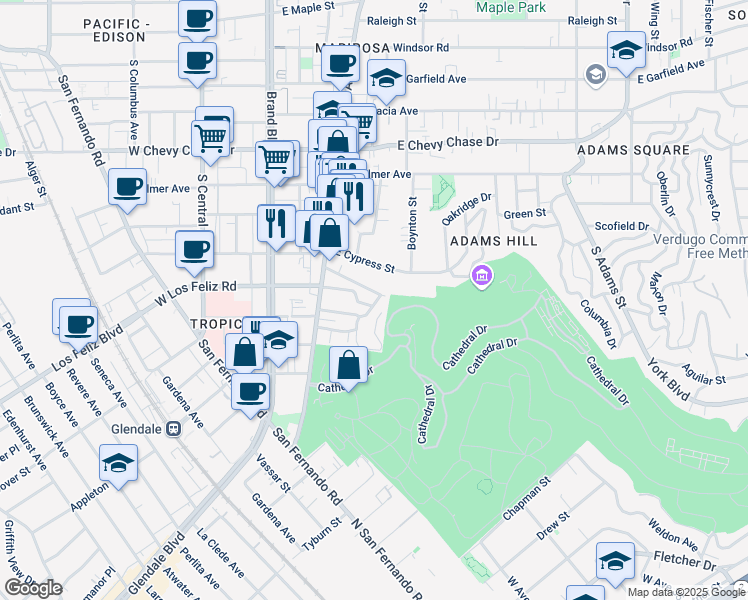 map of restaurants, bars, coffee shops, grocery stores, and more near 418 Roads End Street in Glendale