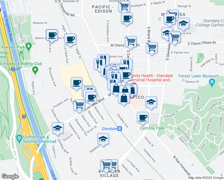 map of restaurants, bars, coffee shops, grocery stores, and more near 417 West Los Feliz Road in Glendale