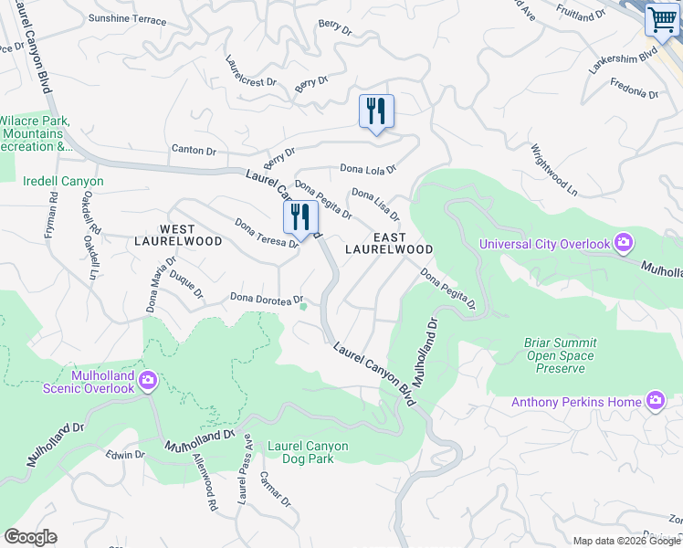 map of restaurants, bars, coffee shops, grocery stores, and more near 3130 Dona Sarita Place in Los Angeles