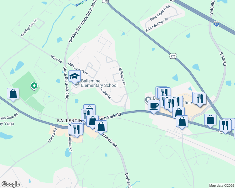 map of restaurants, bars, coffee shops, grocery stores, and more near 208 Cabin Drive in Irmo
