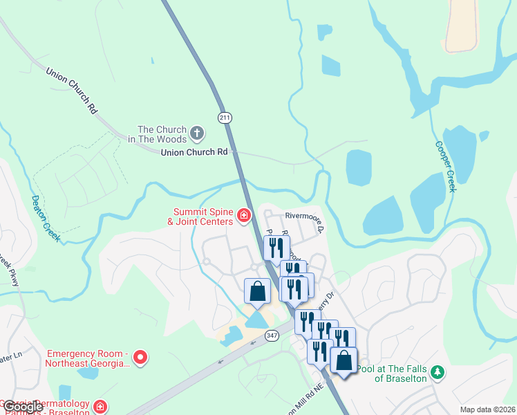 map of restaurants, bars, coffee shops, grocery stores, and more near 5920 Park Bend Avenue in Braselton