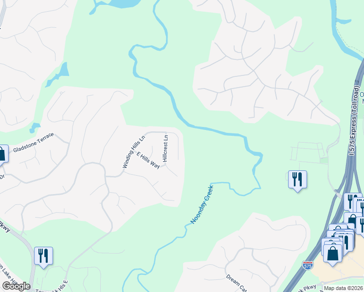 map of restaurants, bars, coffee shops, grocery stores, and more near 5067 Winding Hills Lane in Woodstock