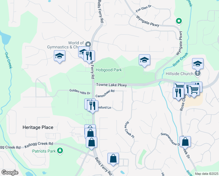 map of restaurants, bars, coffee shops, grocery stores, and more near 215 Carmichael Road in Woodstock