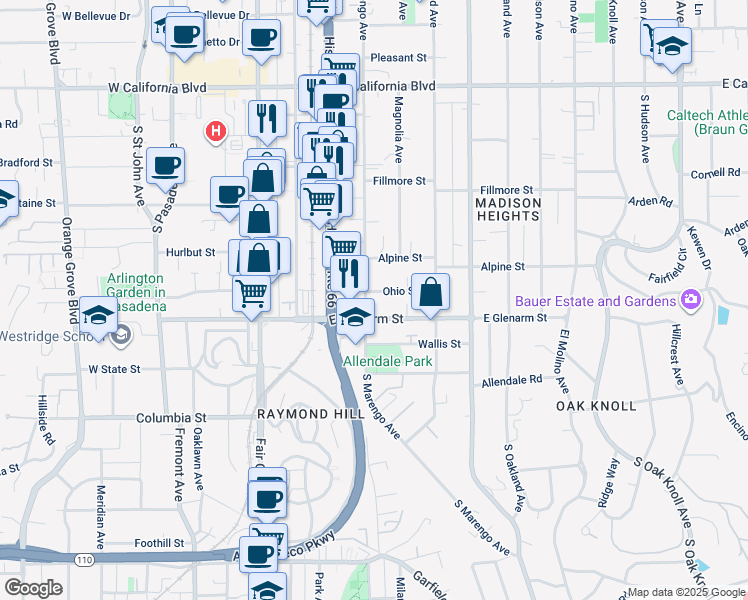 map of restaurants, bars, coffee shops, grocery stores, and more near 1020 South Marengo Avenue in Pasadena