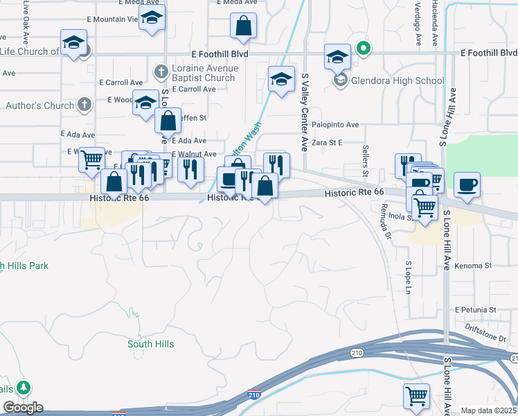 map of restaurants, bars, coffee shops, grocery stores, and more near 1340 East Route 66 in Glendora