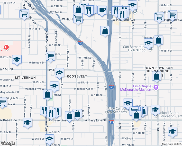 map of restaurants, bars, coffee shops, grocery stores, and more near 1025 West 16th Street in San Bernardino