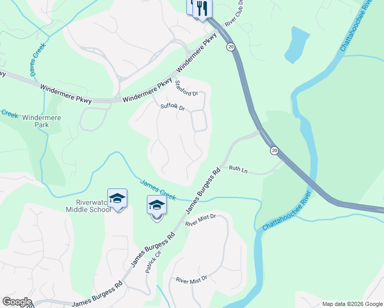 map of restaurants, bars, coffee shops, grocery stores, and more near 3920 Stanley Road in Cumming