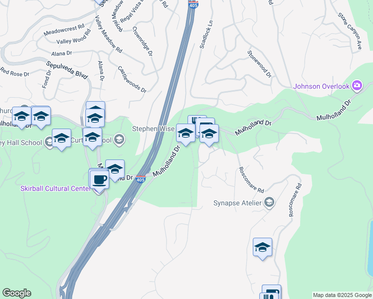 map of restaurants, bars, coffee shops, grocery stores, and more near 15600 Mulholland Drive in Los Angeles