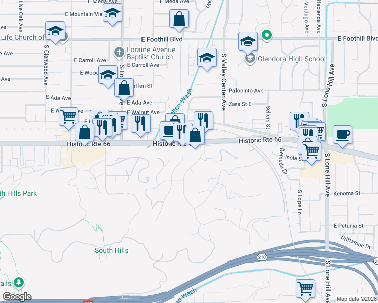 map of restaurants, bars, coffee shops, grocery stores, and more near 1340 East Route 66 in Glendora