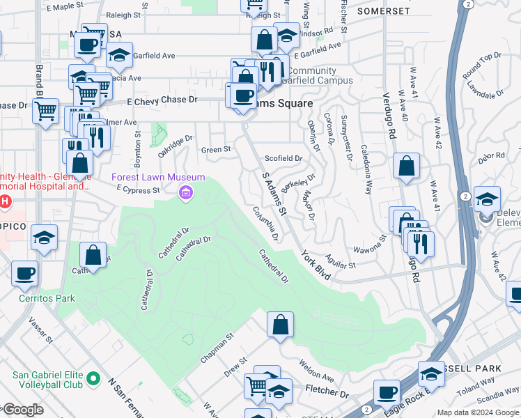 map of restaurants, bars, coffee shops, grocery stores, and more near 1411 Dartmouth Drive in Glendale
