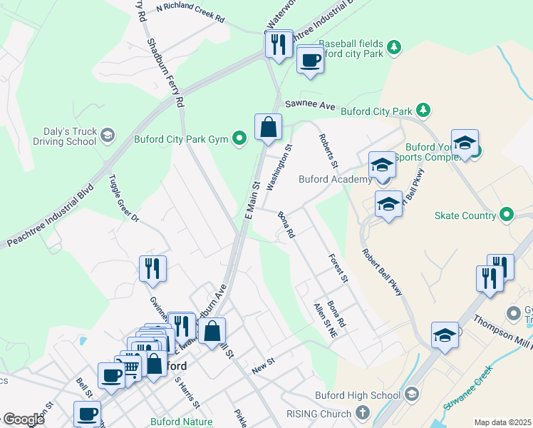 map of restaurants, bars, coffee shops, grocery stores, and more near 25 Bona Road in Buford