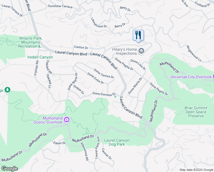 map of restaurants, bars, coffee shops, grocery stores, and more near 11436 Dona Evita Drive in Los Angeles
