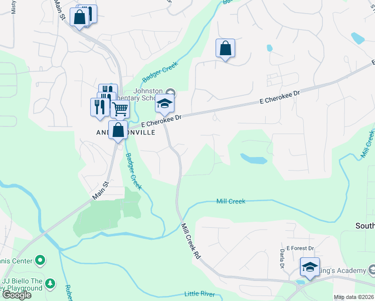 map of restaurants, bars, coffee shops, grocery stores, and more near 219 Mill Creek Road in Woodstock