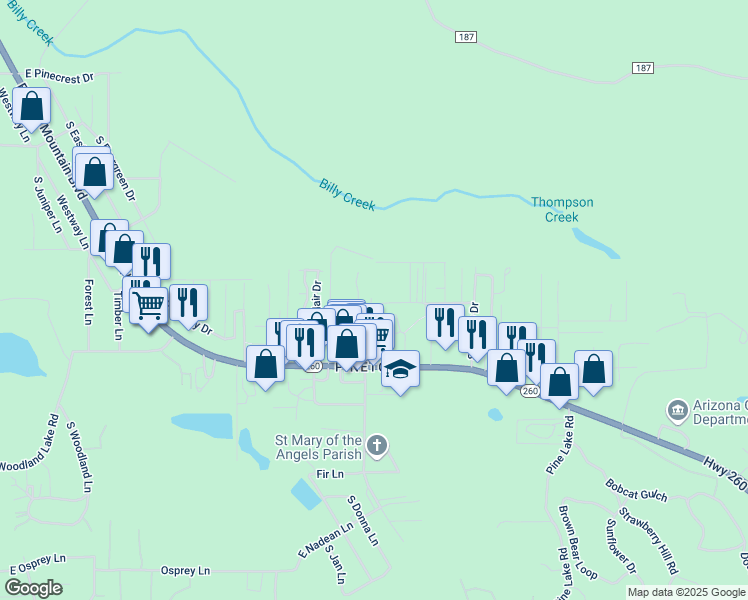 map of restaurants, bars, coffee shops, grocery stores, and more near 1335 South Penrod Drive in Pinetop-Lakeside