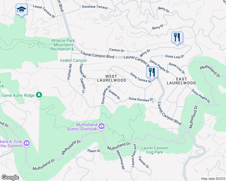 map of restaurants, bars, coffee shops, grocery stores, and more near 11555 Duque Drive in Los Angeles