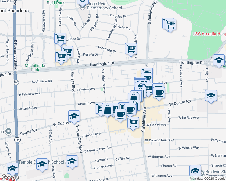 map of restaurants, bars, coffee shops, grocery stores, and more near 838 Fairview Avenue in Arcadia