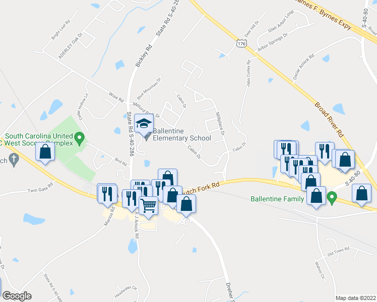 map of restaurants, bars, coffee shops, grocery stores, and more near 309 Cabin Drive in Irmo