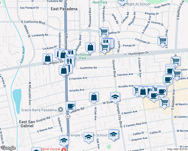 map of restaurants, bars, coffee shops, grocery stores, and more near 9155 East Fairview Avenue in San Gabriel