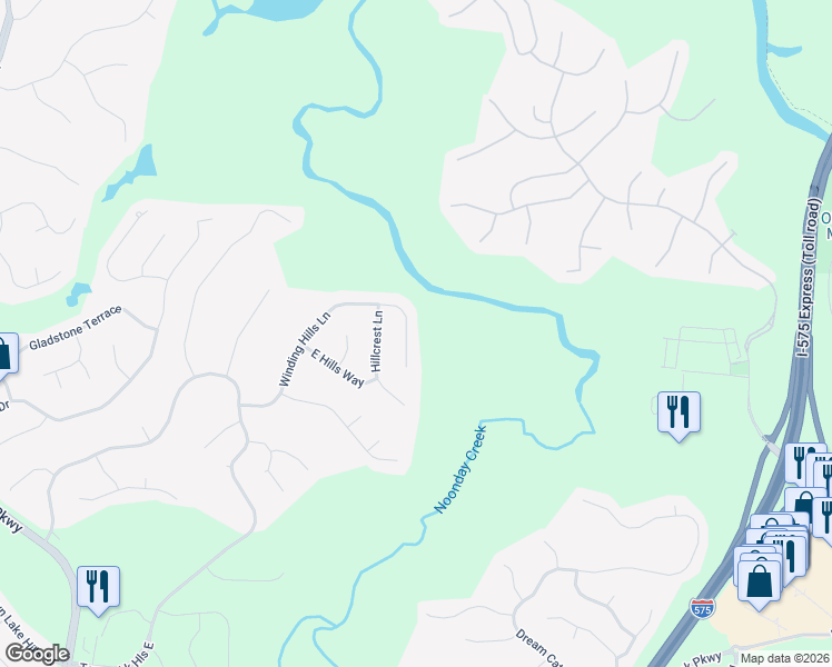 map of restaurants, bars, coffee shops, grocery stores, and more near 5067 Winding Hills Lane in Woodstock