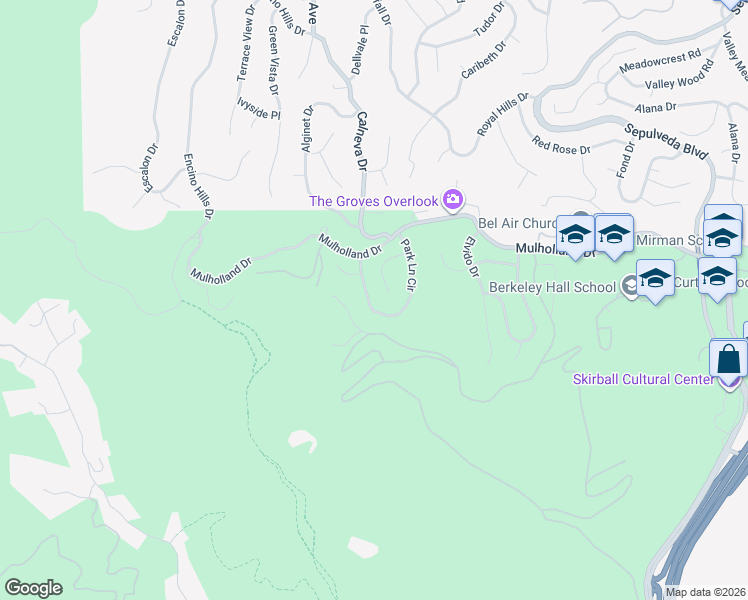 map of restaurants, bars, coffee shops, grocery stores, and more near 16617 Park Lane Circle in Los Angeles