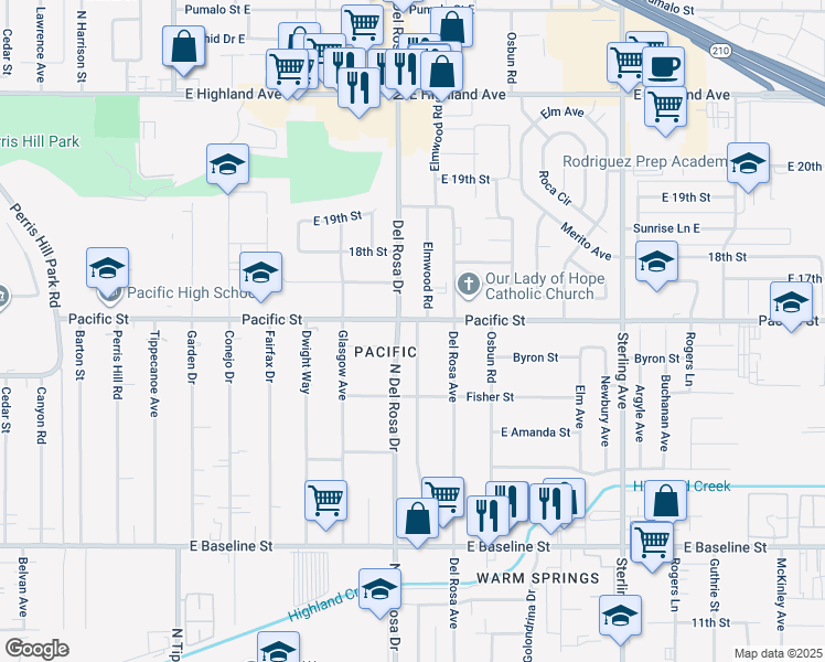 map of restaurants, bars, coffee shops, grocery stores, and more near 6994 Elmwood Road in San Bernardino