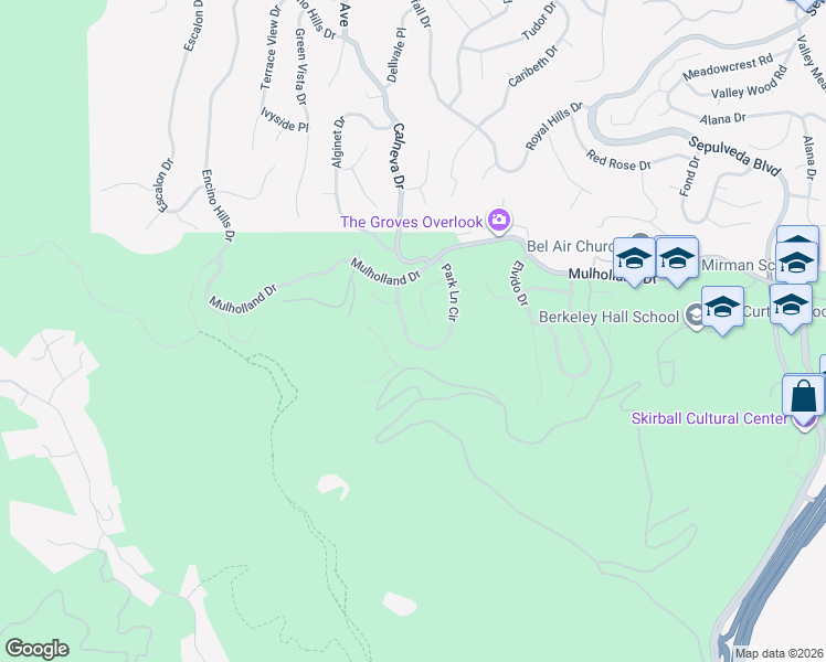 map of restaurants, bars, coffee shops, grocery stores, and more near 16617 Park Lane Circle in Los Angeles