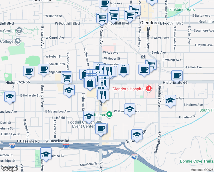 map of restaurants, bars, coffee shops, grocery stores, and more near 520 West Route 66 in Glendora