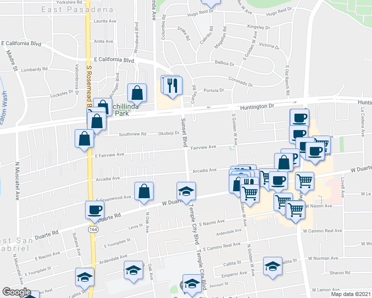 map of restaurants, bars, coffee shops, grocery stores, and more near S Sunset Blvd & Fairview Ave in Arcadia